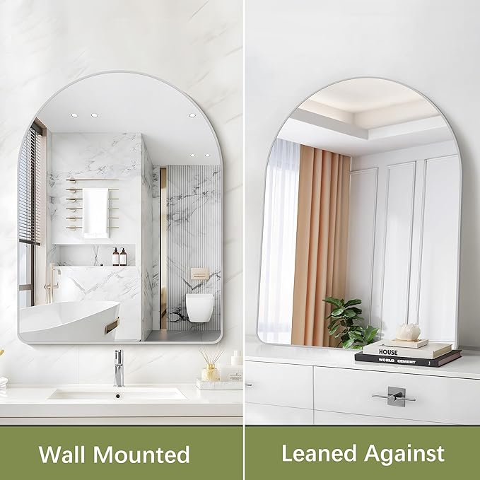 Arched Bathroom Mirror, 30"x40" Silver Arched Mirror, Wall Mounted Mirror, Silver Vanity Wall Mirror w/Metal Frame for Bedroom, Entryway, Living Room, Vertically Hanging or Leaning Against