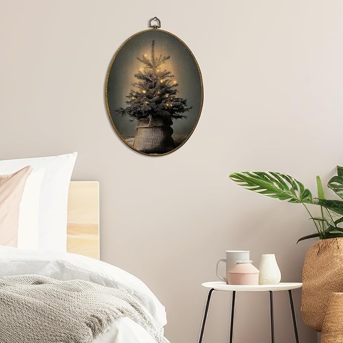 QZQE Vintage Moody Christmas Tree Oval Wall Art Decor Framed, Antique Christmas Oval Canvas Prints, Holiday Winter Xmas Tree Wall Hanging Decor for Home Bedroom Living Room, 8.6x11.4 Inch