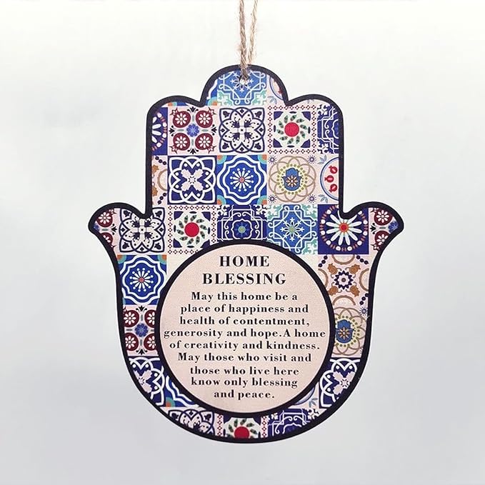 ArancioneandQ Hamsa Good Luck Home Blessing Oriental Blue Evil Eye Protection Amulet Hand Wall Hanging Decor (English Blessing) 7.1 Inch