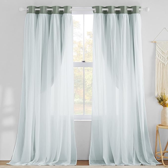 NICETOWN Blackout Curtains 84 inches Long for Bedroom Decor, Sage Green Farmhouse Country Double Layer Curtains with White Crushed Sheer Overlay for Nursery/Loft, 52" Wide x 84" Long, Set of 2