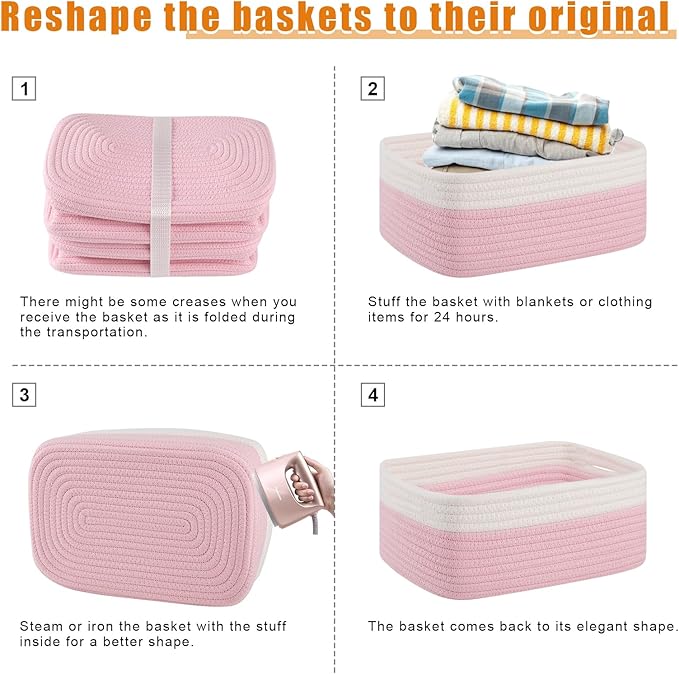 OIAHOMY 4 Pack Storage Baskets for Organizing, Small Bins for Shelves, Cute Decorative Storage Bins, Organizer Baskets for Gifts Empty, 13''Lx8.7''Wx5.1''H, Pink/White
