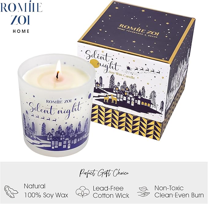 ROMIIE ZOI Christmas Scented Candle - 6oz Soy Wax Candle, Silent Night, Infused with Fresh-Cut Spruce Branches Aroma - Navy Blue Gift Box Packaged for Christmas Holiday Season Gift