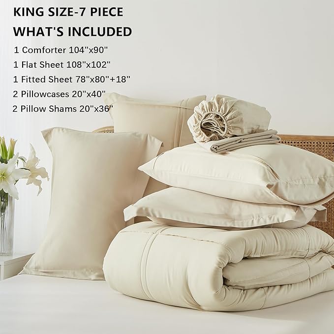 Yogeneg King Size Comforter Set 7 Piece Bed in a Bag,Grid Pinch Pleat Beige Bedding Set,Striped Textured Soft Microfiber Comforter with Sheet Set,All Season Complete Bed Set(Beige,King)