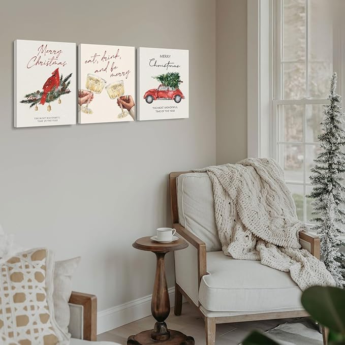 DSHFG Vintage Christmas Wall Decor, Rustic Canvas Art With Framed Set of 3, Farmhouse Party Decor for Home Living Room Bedroom, Merry Christmas 14x11 Inch