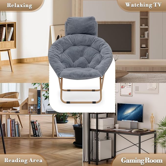 Athena Collection Comfy Saucer Chair with Headrest Oversize Round Cozy Chair Folding Chair Faux Fur Metal Frame Foldable Reading Chair Accent Chair for Bedroom Living Room Set of 2, Grey