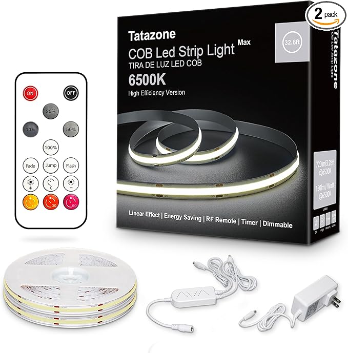 32.8ft 6500K White COB Led Strip Light with RF Remote, Dimmable Ultra Bright Daylight White COB Light Strip, Indoor Led Lights for Kitchen, Bedroom, Cabinet, 2 Rolls of 16.4ft