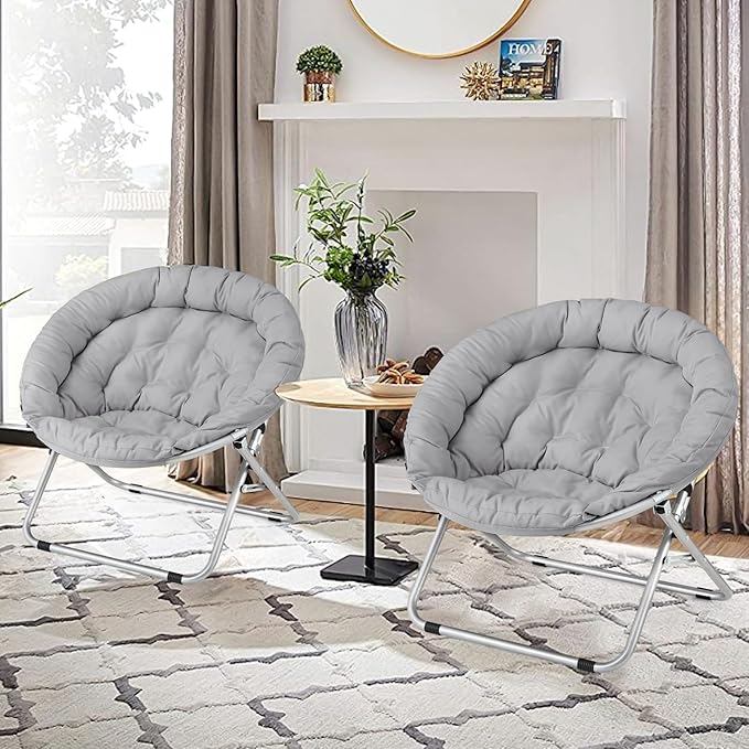 Athena Collection Comfy Saucer Chair, Folding Oversized Cozy Chair for Bedroom Living Room Fabric Reading Chair, Foldable Metal Frame Round Lazy Chair Moon Chair for Adult Set of 2, Gray