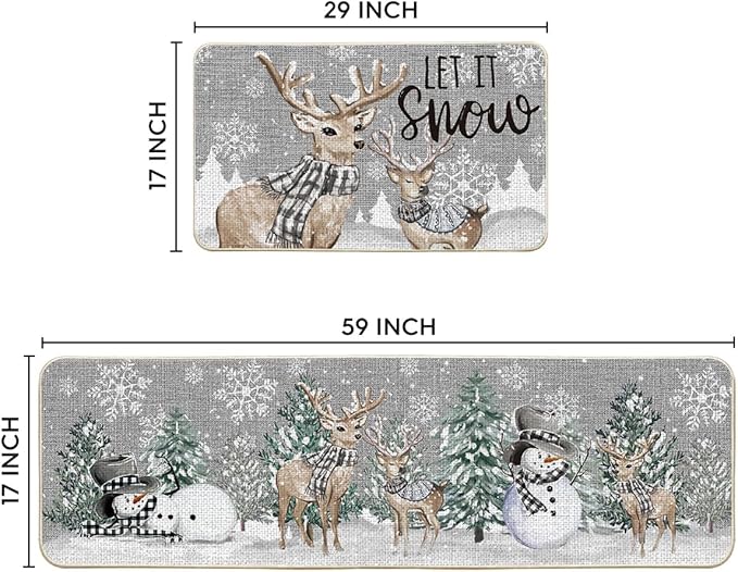Artoid Mode Xmas Trees Deer Snowflakes Christmas Kitchen Mats Set of 2, Winter Home Decor Low-Profile Kitchen Rugs for Floor - 17x29 and 17x59 Inch