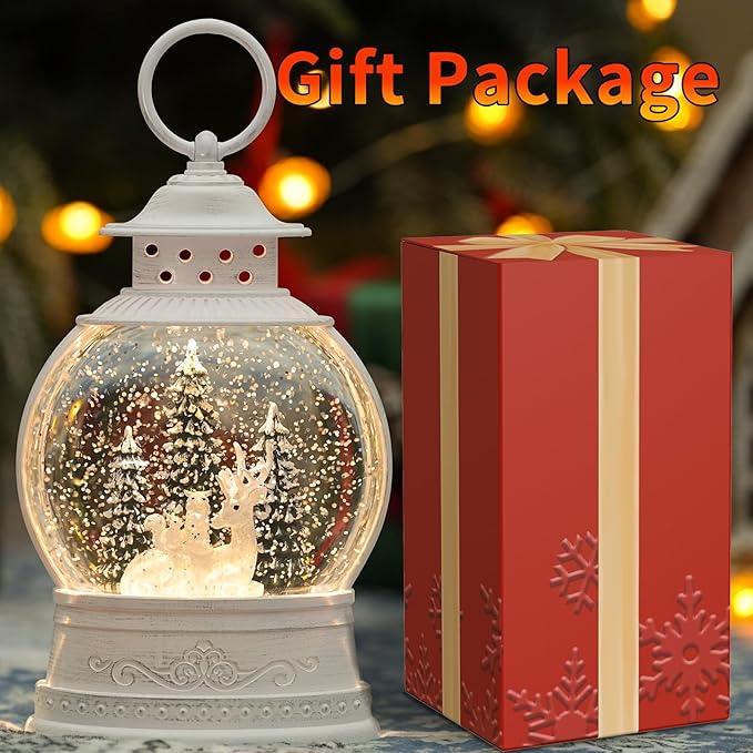 Christmas Deer Snow Globe, Musical Snow Globe Lantern with Swirling Glitter, Christmas Tree Reindeer Squirrels Owls USB & Battery Operated Light-Up Christmas Decorations Indoor for Home