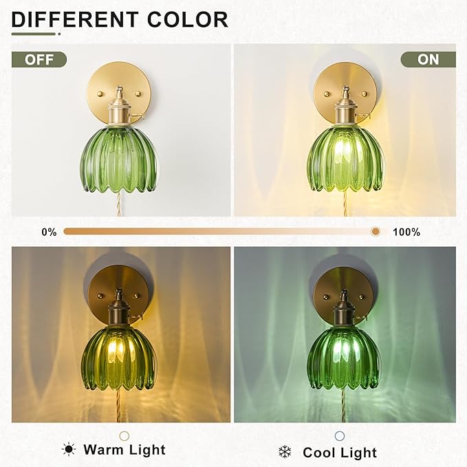 Plug in Wall Sconce, Vintage Sconce Light with Tulip Green Glass Lampshade, 180° Adjustable Wall Sconce with Switch and Plug in Wall Lamp Cord, Gold Wall Light for Bedroom Bedside