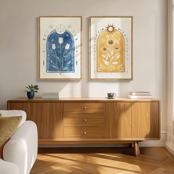 Framed Blue and Yellow Boho Tarot Wall Art for Room Decor, Set of 2 Sun and Moon Floral Artwork for Walls, Mid Century Bohemian Art Prints for Living Room Bedroom Office Hallway Wall Decor, 16x24 Inch