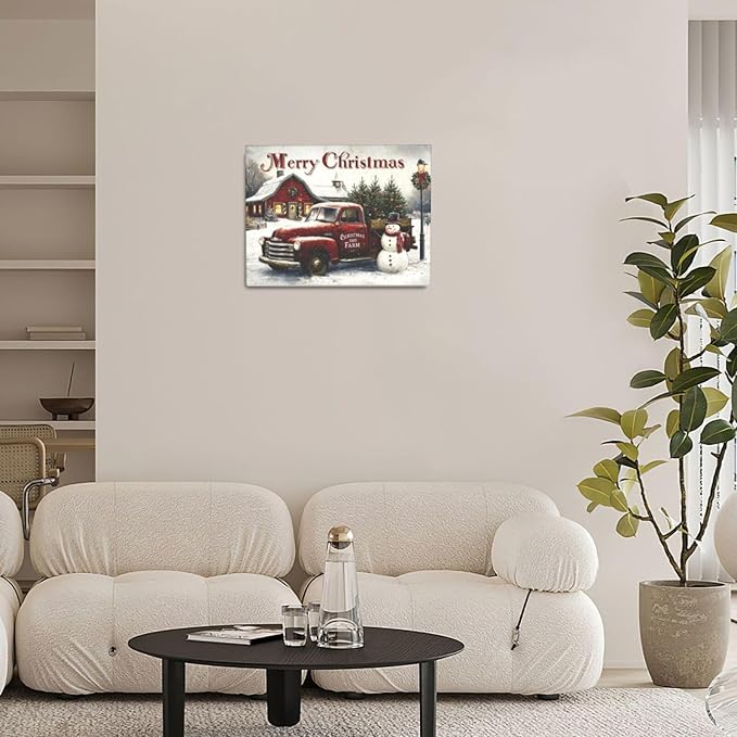 Christmas Pick-Up Truck Wall Art Christmas Tree Canvas Wall Decor Farm Barn Pictures Paintings Prints Snowman Artwork Framed Winter Holidays Decorations For Bathroom Bedroom Living Room Office Gifts 16" x 12"