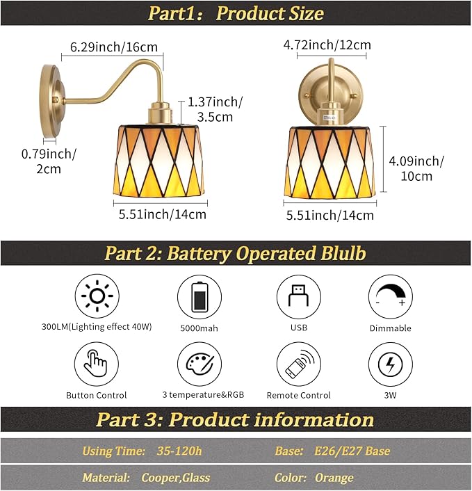 Vintage Battery Operated Wall Sconce Set of 2, 5000mAh Rechargeable Wall Lamp 12 RGB Colors Dimmable, Gold Lights Fixture for Bedroom Bathroom Living Room Hallway Orange Checker