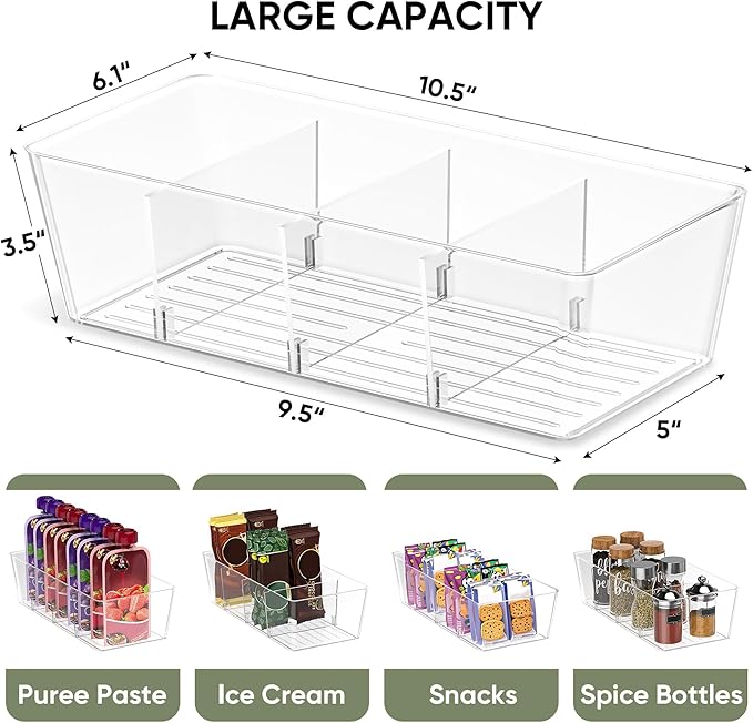 BALEINE Pantry Organizers and Storage Bins, Plastic Clear Storage Bins with 3 Removable Dividers, BPA-Free Fridge Organizers for Kitchen Cabinet Bathroom (10.5x6.1x3.5, 2PK)