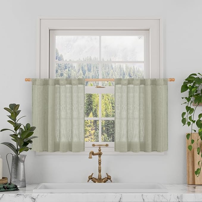 LAMIT Sage Grey Linen Curtains 24 Inch Length for Cafe, Semi Sheer Light Filtering Panels Back Tab and Rod Pocket Small Window Drapes for Basement, 2 Panels, 34 x 24 Inch
