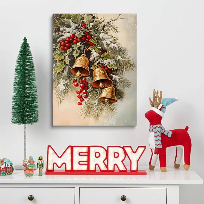 Framed Winter Jingle Bells Christmas Wall Art Christmas Canvas Prints Posters Holiday Decor Brass Bells Art Holly Neutral Art Winter Country Room Living Room Decor 16x24"framed