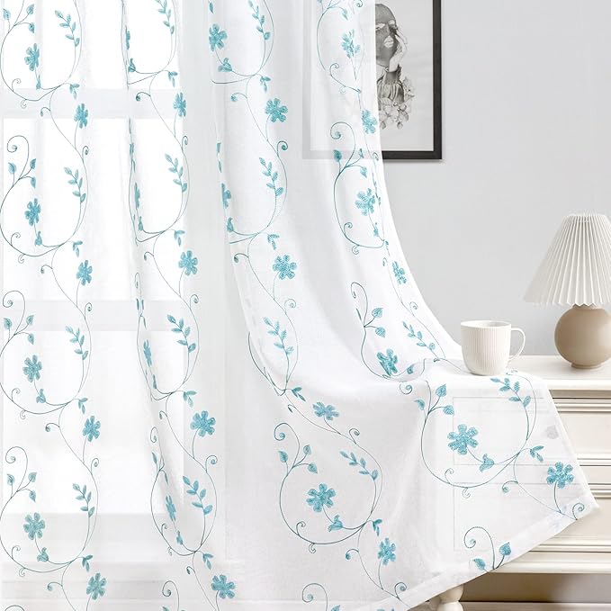 HOMEIDEAS White and Blue Embroidered Floral Sheer Curtains 84 Inches Long 2 Panels Flower Pattern Semi Sheer Window Curtains for Bedroom Living Room