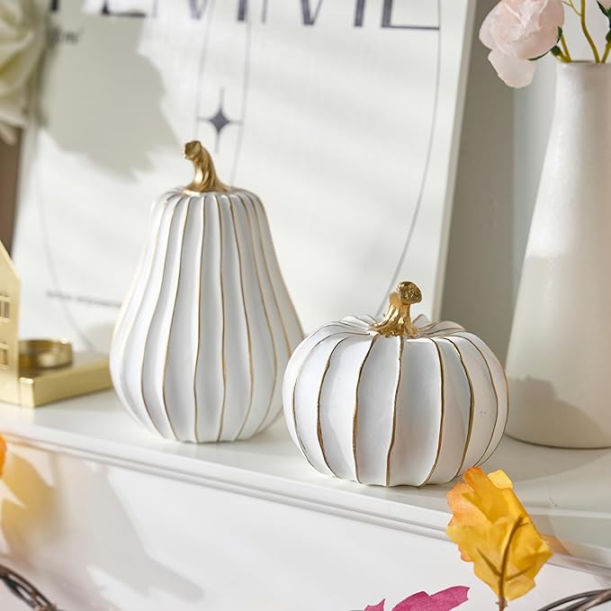 Pumpkin Fall Decor, White and Gold Pumpkins for Decorating Thanksgiving Table Centerpieces, Artificial Resin Pumpkins Decor for Mantel, Harvest Autumn Tabletop Decoration