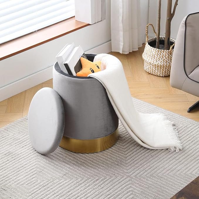 Mxfurhawa Velvet Storage Ottoman Multipurpose Footrest Stool with Metal Base Modern Round Vanity Stool Chair Ottoman Foot Stools Support 300 lbs Padded Seat for Living Room (Grey (Velvet))