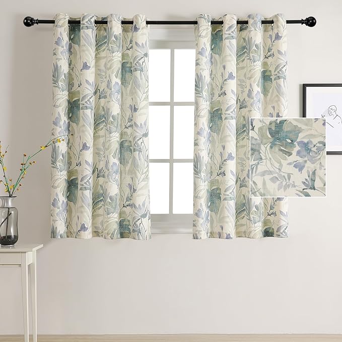 MYSKY HOME Floral Curtains Sage Green Curtains 63 Inch Length Semi Sheer Light Filtering Curtain for Living Room Bedroom Flower Printing Window Treatment Grommet 2 Panels,Sage and Natural