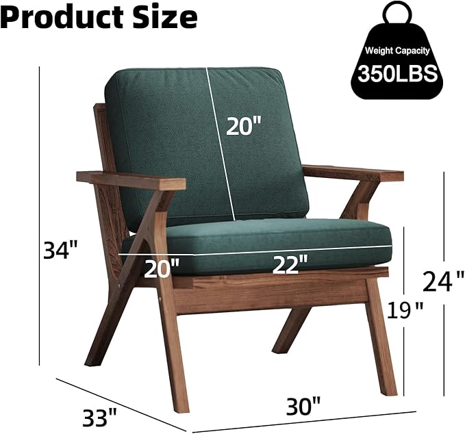 INZOY Mid-Century Modern Accent Chair Set of 2, Breathable Fabric Living Room Chair and Soft Thick Padded Armchair for Living Room Bedroom Reception with Removable Upholstered Cushions, Dark Green