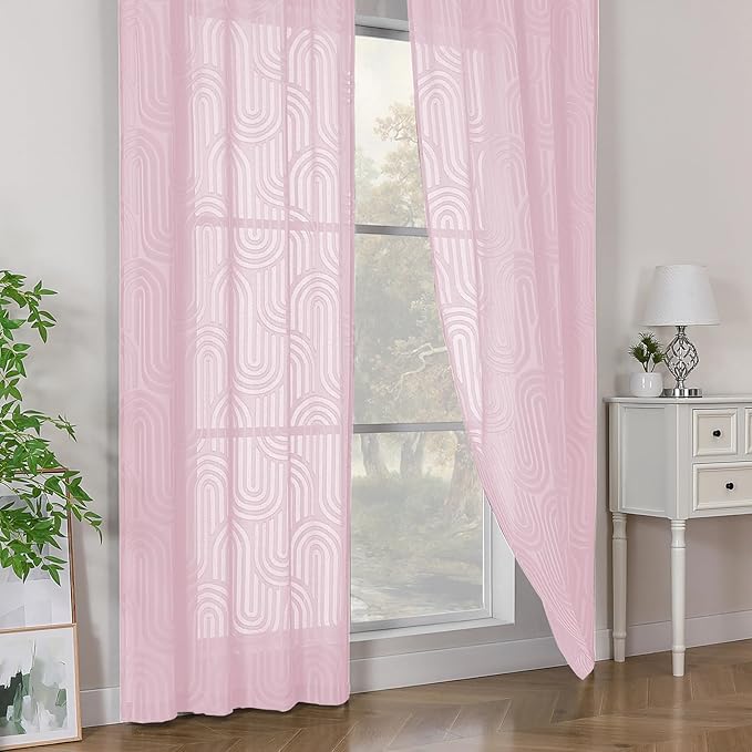 Simplebrand Blush Pink Semi Sheer Curtains 84 Inches Long 2 Panels, Soft Airy Light Filtering Jacquard Clip Textured Semi Sheer Curtains for Bedroom, Modern Elegant Rod Pocket Window Panels, 42"Wx84"L