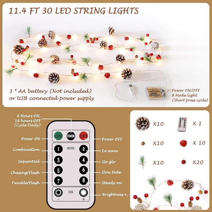 10FT Enchanting Christmas Garland with 30 LED Lights Battery Operated-Realistic Red Berries & Pine Cones Decor for Tree,Fireplace Mantel,Indoor Holiday Home Decor (10Ft)