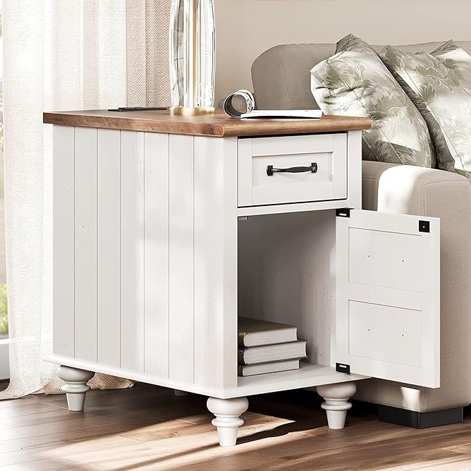 WAMPAT End Table with Charging Station, White Side Table with Storage Cabinet and Drawer, Wood Nightstand with Power Outlets & USB Ports for Bedroom, Living Room