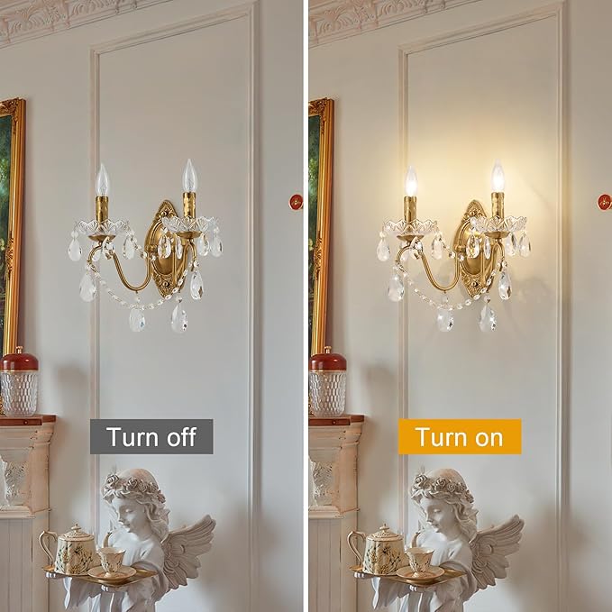Crystal Wall Sconce, Gold Wall Sconces, Gold Sconces Wall Set of 2, for Living Room, Bedroom, Bathroom,Vanity