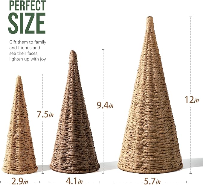 3pcs Natural Woven Christmas Trees Decor, Artificial Christmas Tree Decorations for Home Party Table Village Craft Indoor Outdoor Vintage Christmas Decor(Khaki+Dark Khaki+Natural)