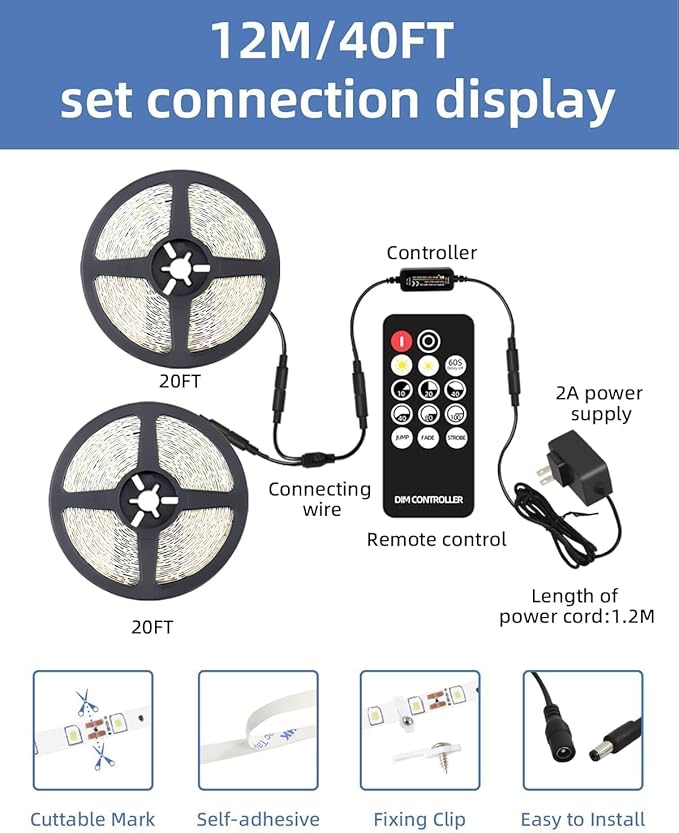 40ft LED Strip Lights with Remote, 6500K Daylight White Dimmable Tape Lights, 12V 720 LEDs 2835 Strong Adhesive Rope Lights for Cabinet Kitchen Ceiling Closet Vanity Mirror Stairway Basement