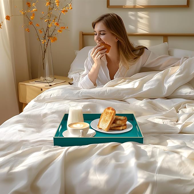 MAONAME Decorative Tray, Green Serving Tray with Handles, Coffee Table Tray, Square Plastic Tray for Ottoman, Bathroom, Kitchen, 13"x13"x1.57"