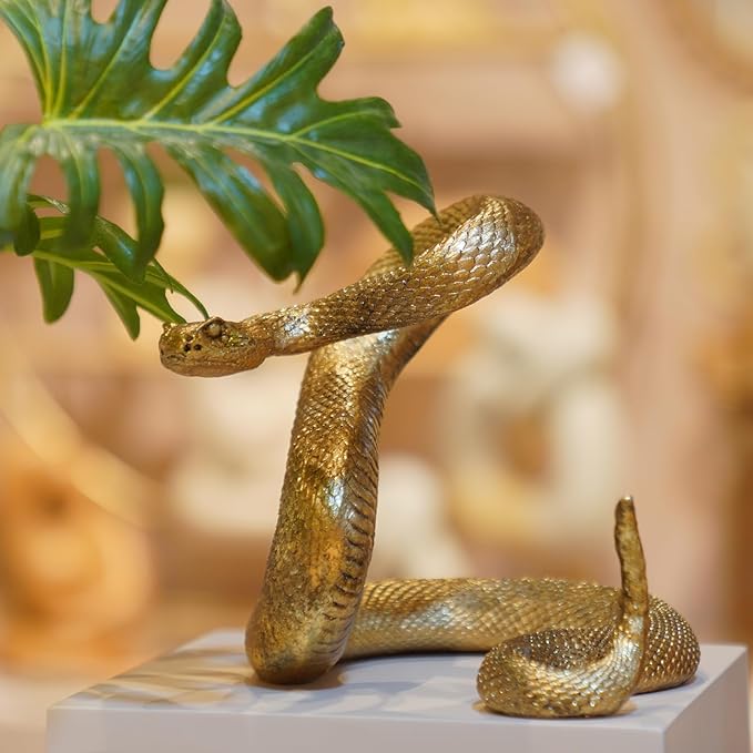 Guichifun Snake Statue Decor Collectible Figurines - Gold Resin Animal Chinese New Year Mascot Home Shelf Office Table Halloween Decoration 7.25 x 7.25 x 6.5 Inch