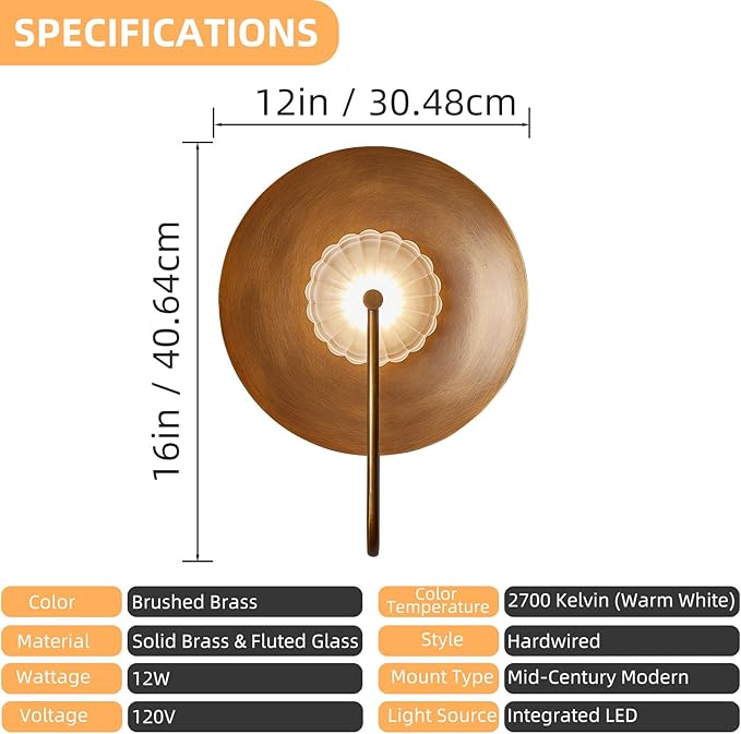 Hyunbae Mid Century Modern Wall Sconces Indoor, Dimmable LED Wall Sconce with Fluted Glass Shade, Brass Wall Lights for Living Room, Bedroom, Bathroom, Hallway, Dining Room, 2700K