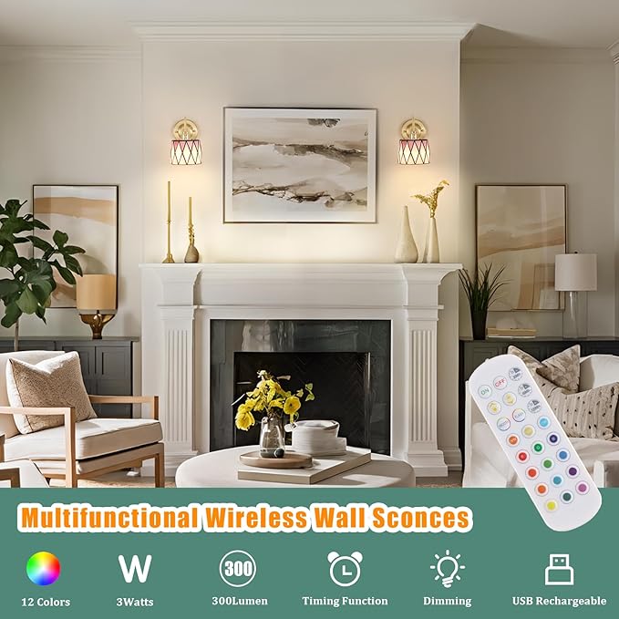 Vintage Battery Operated Wall Sconce Set of 2, 5000mAh Rechargeable Wall Lamp 12 RGB Colors Dimmable, Gold Lights Fixture for Bedroom Bathroom Living Room Hallway Pink Checker