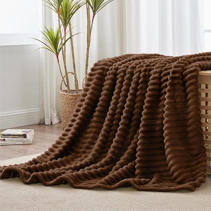 BEDELITE Fleece Throw Blanket for Couch - 300GSM Soft & Warm Fluffy Chotolate Brown Blanket, Decorative and Giftable Striped Blankets for Women, Men, 50"x60"