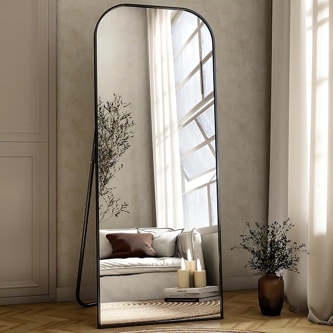56x21 Inch Full Length Mirror - Large Floor Standing & Wall Mountable Full Body Mirror with Sturdy Aluminum Frame, Arched Top Design, Freestanding or Hanging for Bedroom, Living Room, Cloakroom,Black