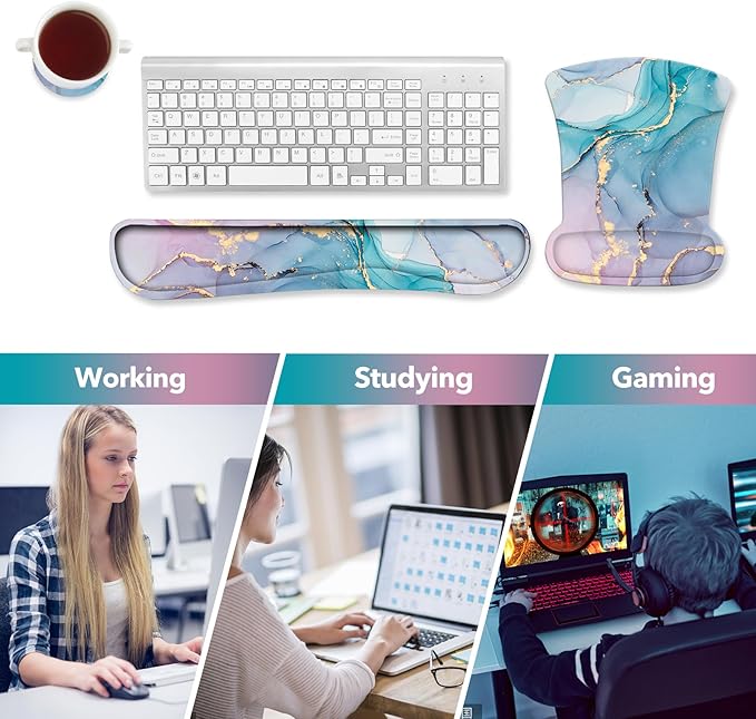 AIMSA Mouse Pad Wrist Support Set Keyboard Wrist Rest, Ergonomic Memory Foam Non-Slip Base Easy Typing Pain Relieve for Computer Laptop Home Office, Green Purple Marble