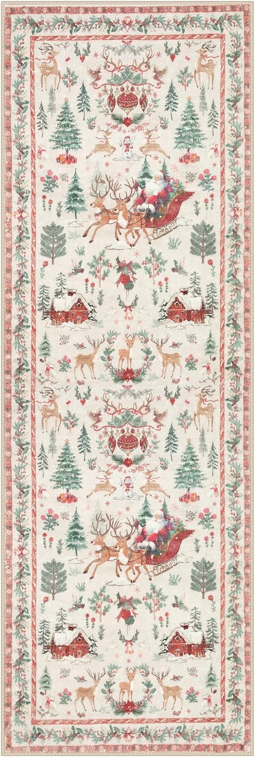 Lahome Christmas Runner Rug 2x6 Beige Runners for Hallways,Kitchen Rugs Non Slip Washable Entryway Carpet Runner,Soft Christmas Tree Santa Claus Runners for Bathroom Holiday Decor(2'x6',Beige)