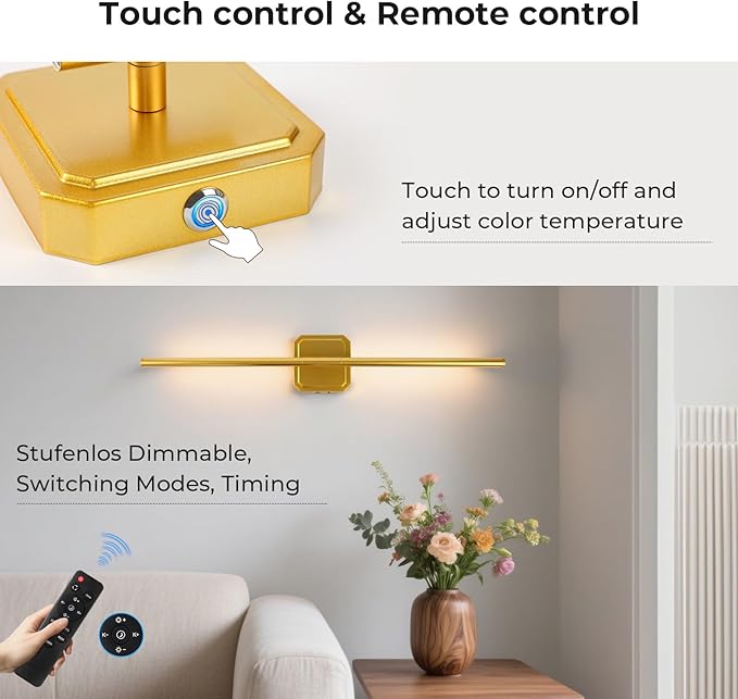 Battery Operated Wall Sconce Detachable 360°Rotate, Wireless Wall Lamp 3000-6500K Dimmable, 10000mAh Rechargeable Wall Light for Bedroom, Living Room,28" Black Gold (4 Pack)