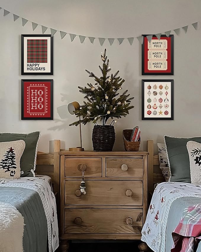 Wheatwin Christmas Wall Art Prints Set of 4, Trendy North Pole Wall Posters Aesthetic, Happy Holidays Winter Xmas Decor for Bathroom Farmhouse Living Room Bedroom, 12x16 (Unframed)