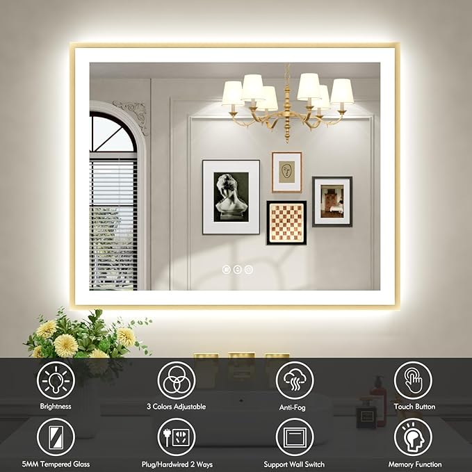 40x32 LED Mirror for Bathroom with Gold Frame, Backlit and Front Lighted Bathroom Mirrors for Wall, Stepless Dimmable Vanity Mirror with Lights, Anti-Fog, Memory,Shatterproof