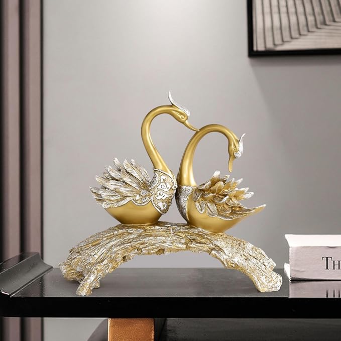 14.2" Gold Couple Swan Decor Figurine Modern Simulation Animal Sculpture Art Ornament Home Table Statue