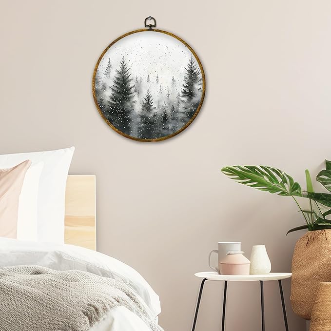 QZQE Pine Tree Winter Round Wall Art Decor Framed, Rustic Snowy Landscape Forest Circle Canvas Prints, Cozy Winter Farmhouse Christmas Wall Hanging Decor for Home Bedroom Living Room, 10x10 Inch