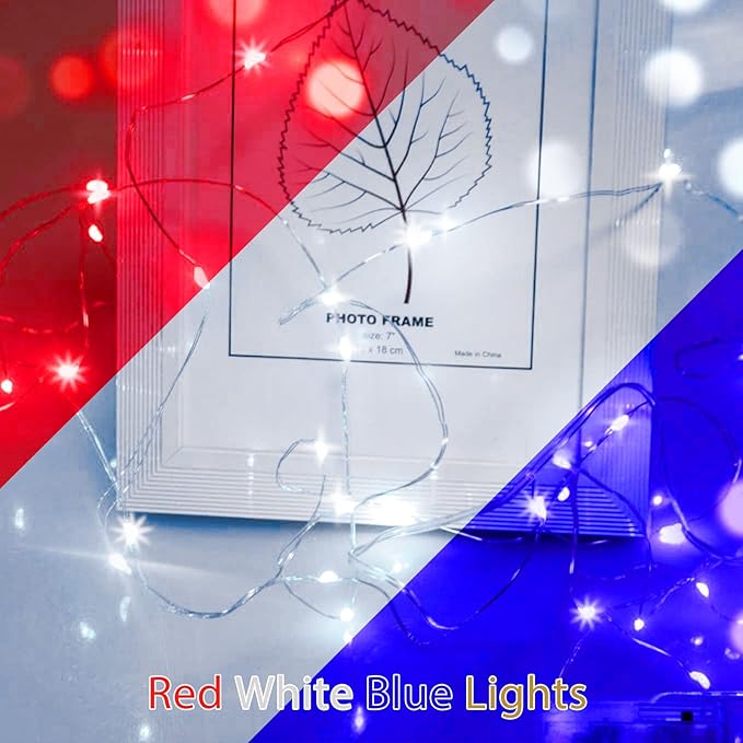 12 Pack 4th of July Lights 7 Feet 20 Led Waterproof Red White and Blue Lights Silver Wire Firefly Starry Moon Lights for Bedroom Independence Day Fouth of July Decor (Red & White & Blue)