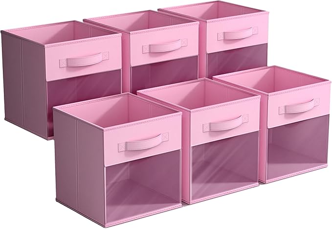 Sorbus 11 Inch Storage Bins with Clear Window - 6 Foldable Baskets for Organizing Clothes, Toys, Books - Sturdy Collapsible Fabric Storage Cubes with Handle - Storage Baskets for Shelves, Closets