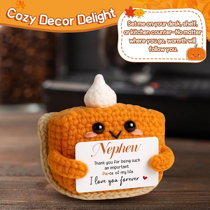 Thank You Gifts for Nephew from Auntie Uncle, Mini Crochet Pumpkin Pie Plush, Birthday Presents for Halloween Thanksgiving Christmas Stockings Stuffer Emotional Small Cute Decorations