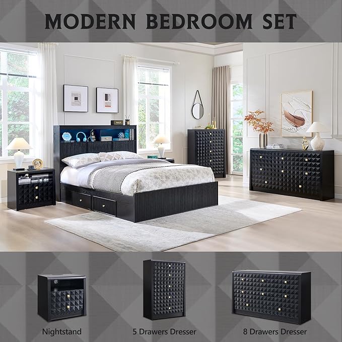 Modern Nightstand with Charging Station, Wood End Table w/2 Storage Drawers and Open Shelf, Mid Century Modern Bedside w/Diamond Panel Decorate for Bedroom, Curved Profile Design, Black