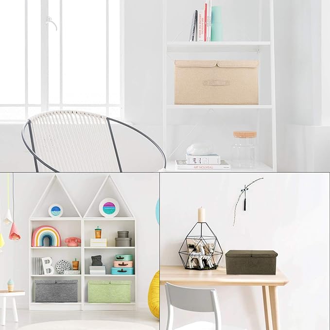 2 Pack Large Storage Boxes with Lids and Handles, Collapsible Linen Storage Bins Organizer Containers Baskets Cube with Removable Divider for Home Bedroom Closet Office (Green, Large)