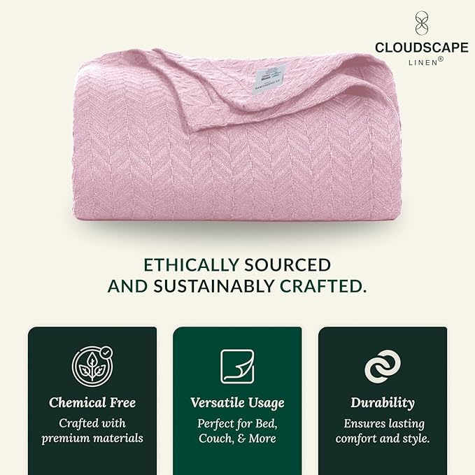Cloud Scape Linen Herringbone Cotton Throw Blanket for Couch, Bed,Sofa, Home Decor, Soft, Lightweight, All-Season Bed Blanket, 50 x 70, Seashell Pink